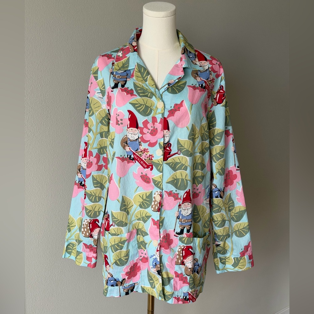 Nick & Nora Vintage Garden Gnome Floral Cotton Pajama Shirt/Top - Fan Cute L